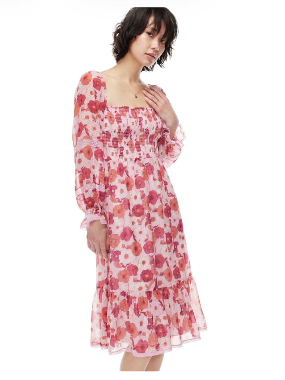 Aritzia Wilfred Grace Floral Smocked Square Neck Midi Dress Size S